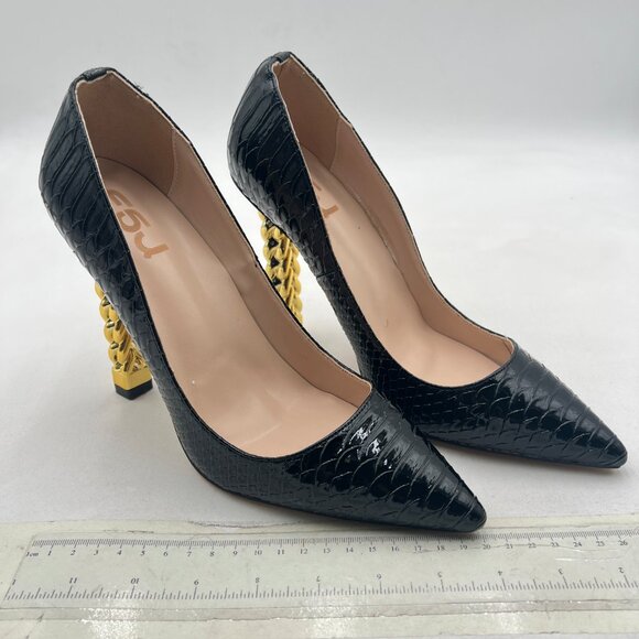 FSJ Black Snake Gold Metal Chain Chunky High Heel Pointed Toe Slip On Shoes - Picture 4 of 8